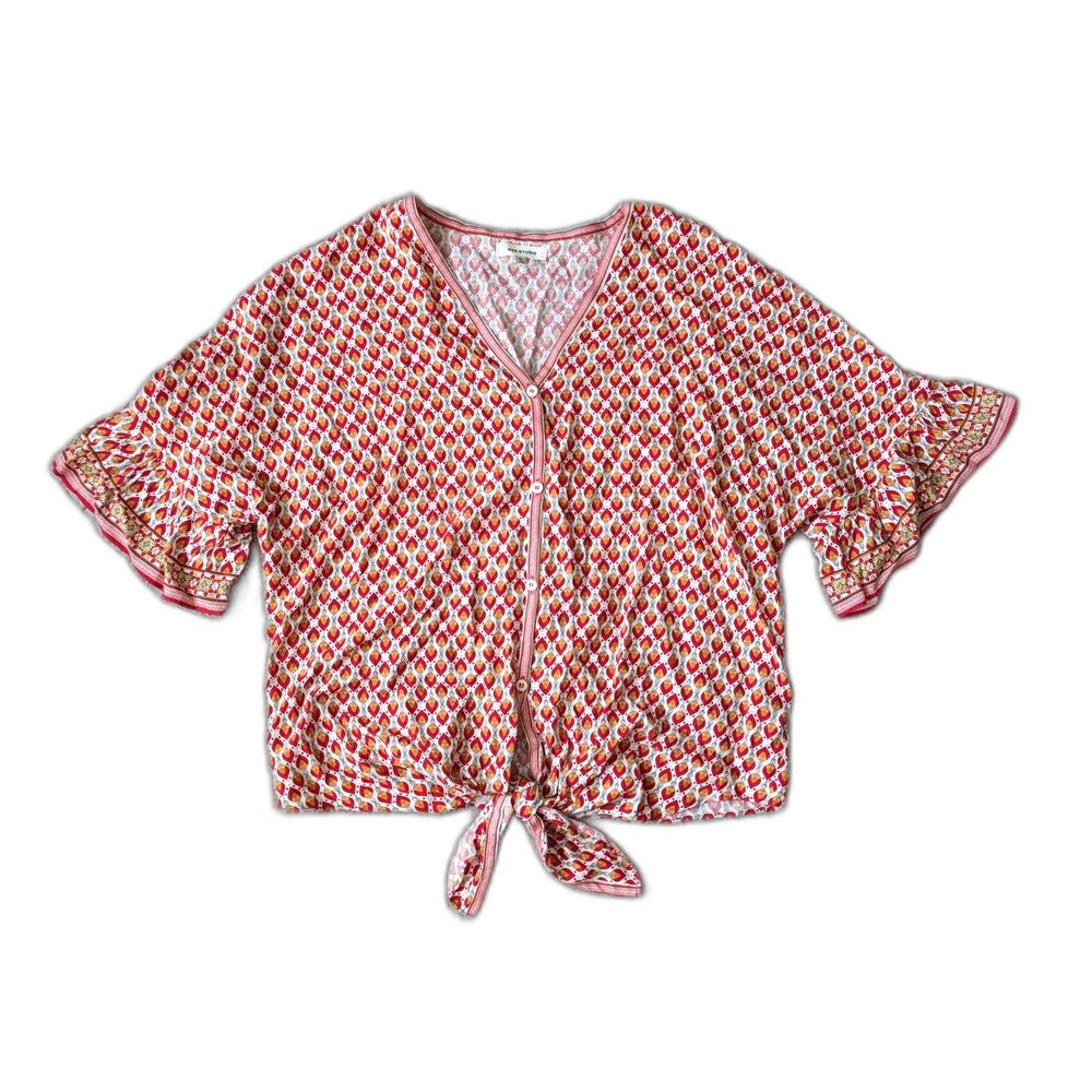 NWOT Max Studio Front Tie Peasant Top Folk Graphic Print w/ Ruffled Sleeves Sz S
